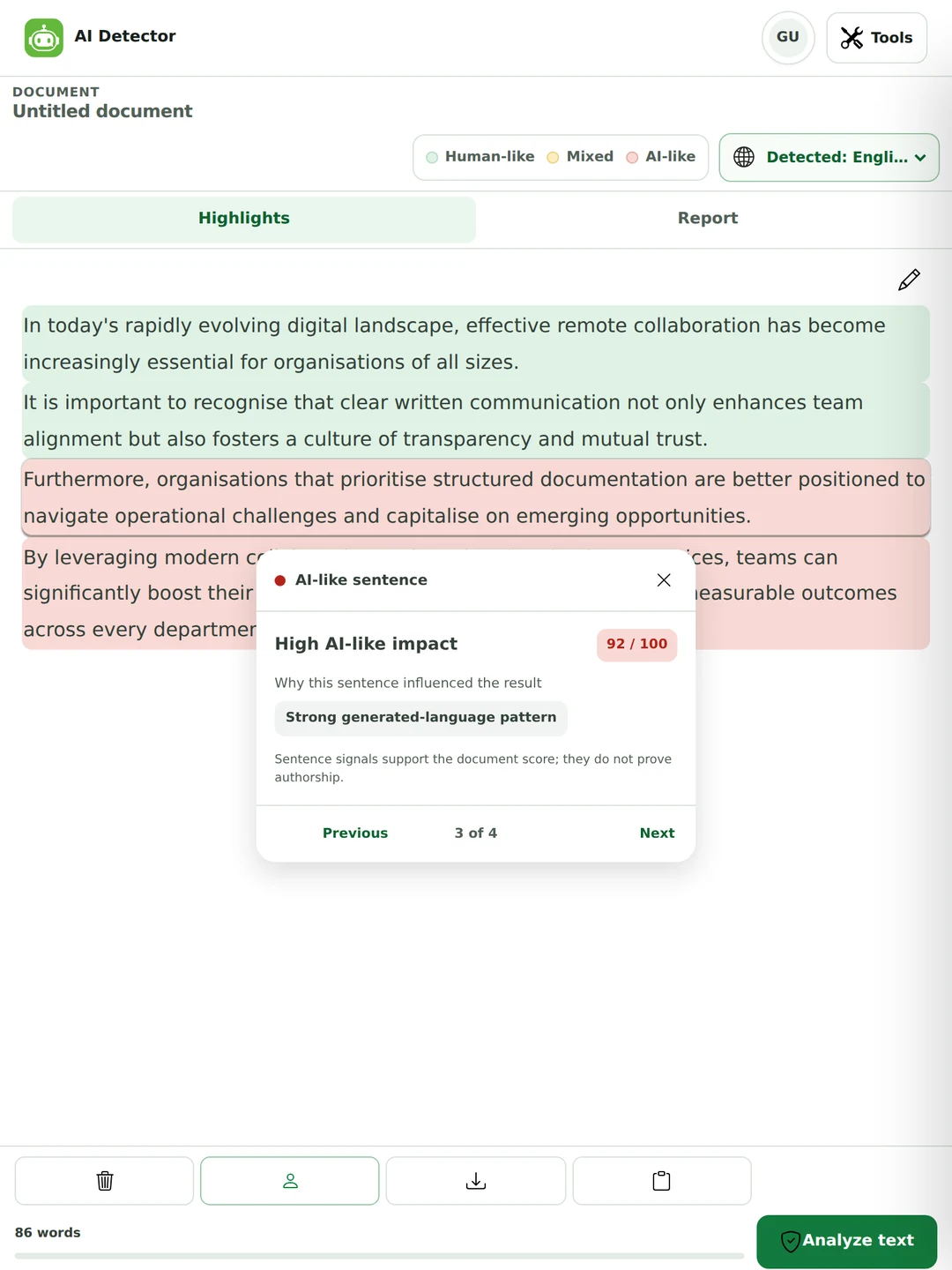 A flagged sentence opened in the AI detector, showing High AI-like impact, a score of 92 out of 100 and the reason behind it.