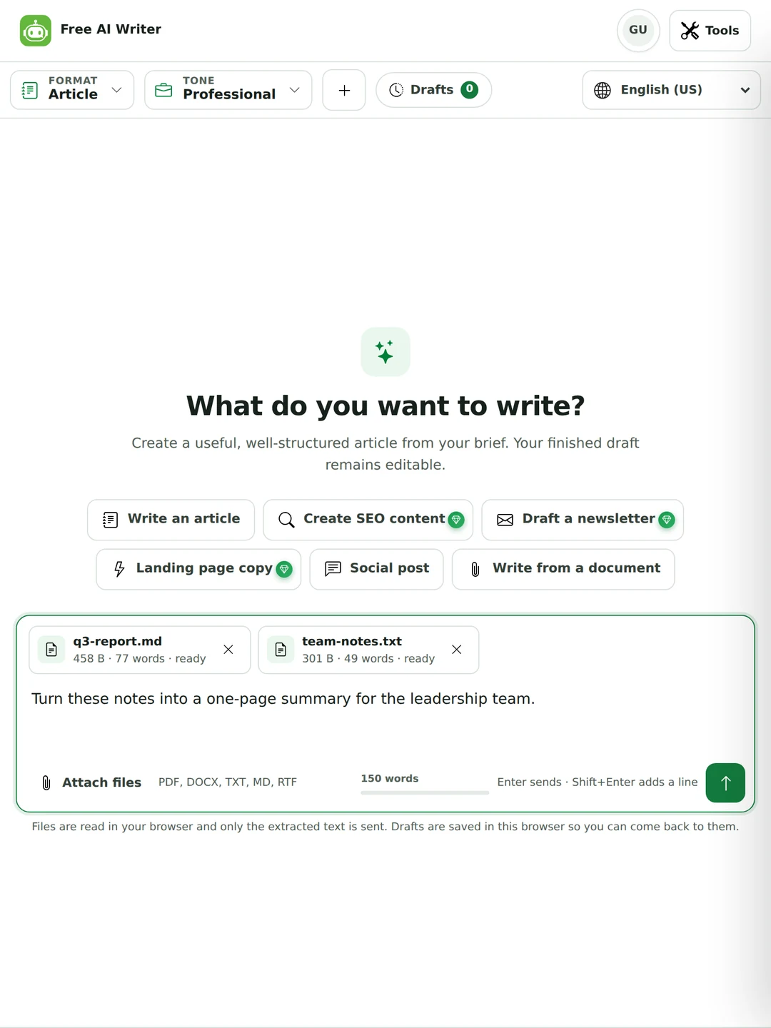 The AI Writer composer with two attached files, q3-report.md and team-notes.txt, each showing its size and word count, and a brief asking for a one-page summary.