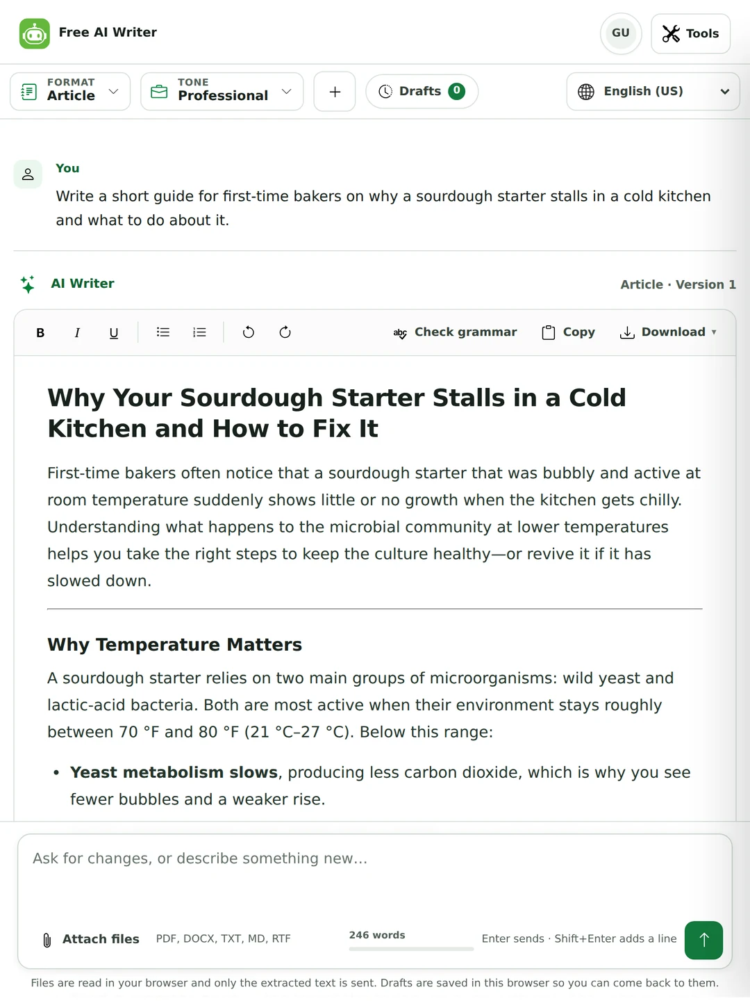 The AI Writer with a brief about sourdough starters and the finished article open in the editor, showing the document toolbar, the Article and Version 1 label and a live word count.