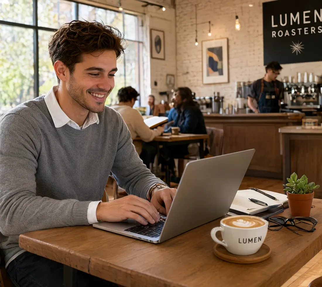 A writer working on a laptop in a cafe, drafting on screen with a notebook beside him.