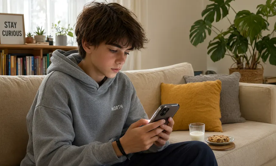Someone reading a message on a phone while sitting on a sofa at home.