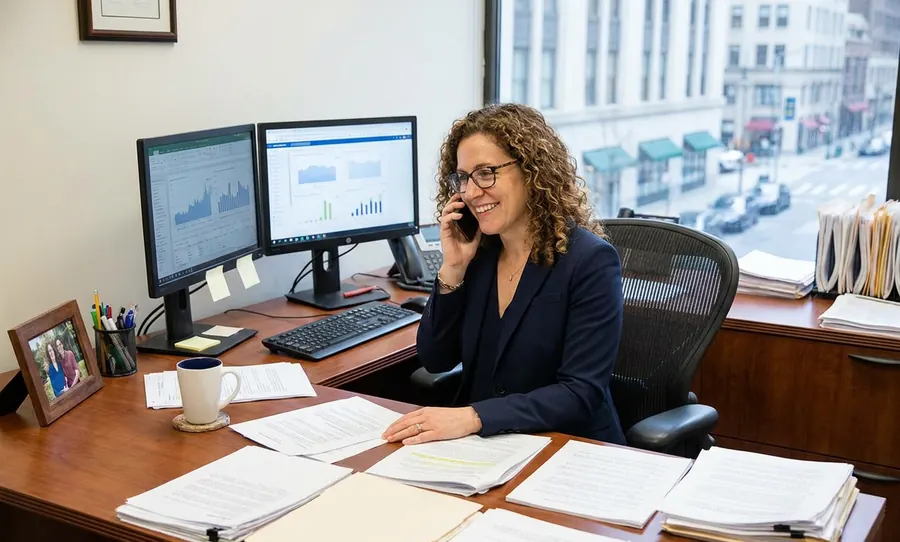 A professional at an office desk on a call, reviewing printed documents beside two monitors.