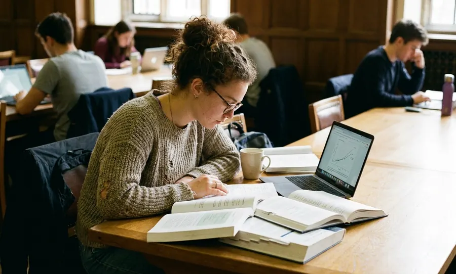 A student writing at a library table with open textbooks and a laptop.