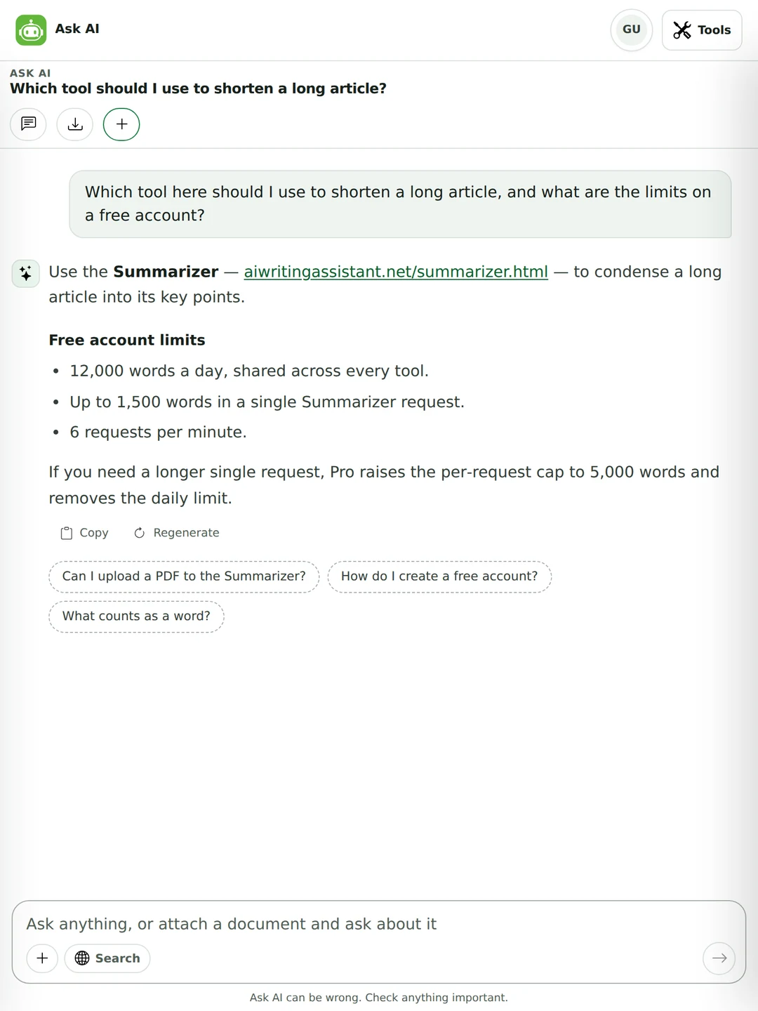 The Ask AI chat answering which tool shortens a long article, naming the Summarizer with a link and listing the free account limits as words per day, words per request and requests per minute.