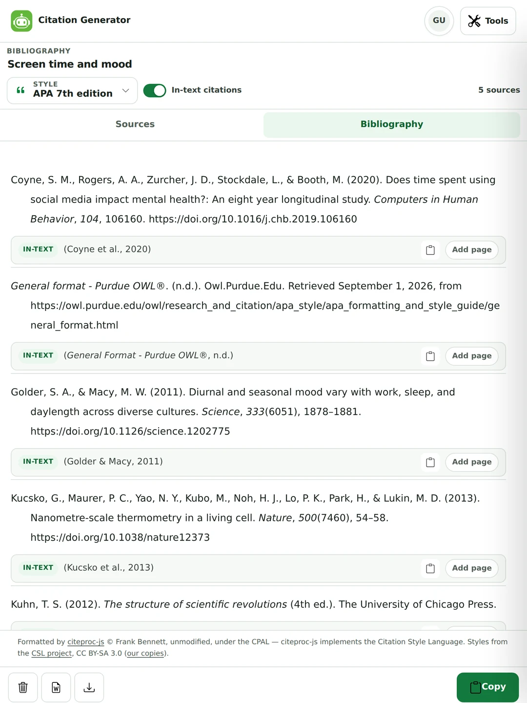 The Bibliography pane showing five references formatted in APA 7 with hanging indents, each with its in-text citation on a row underneath.