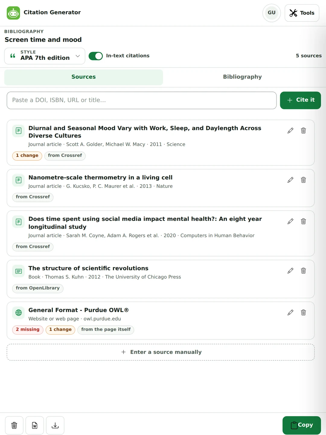 The citation generator&rsquo;s Sources pane listing five real references, each showing its source type, authors, year and the catalogue the metadata came from.