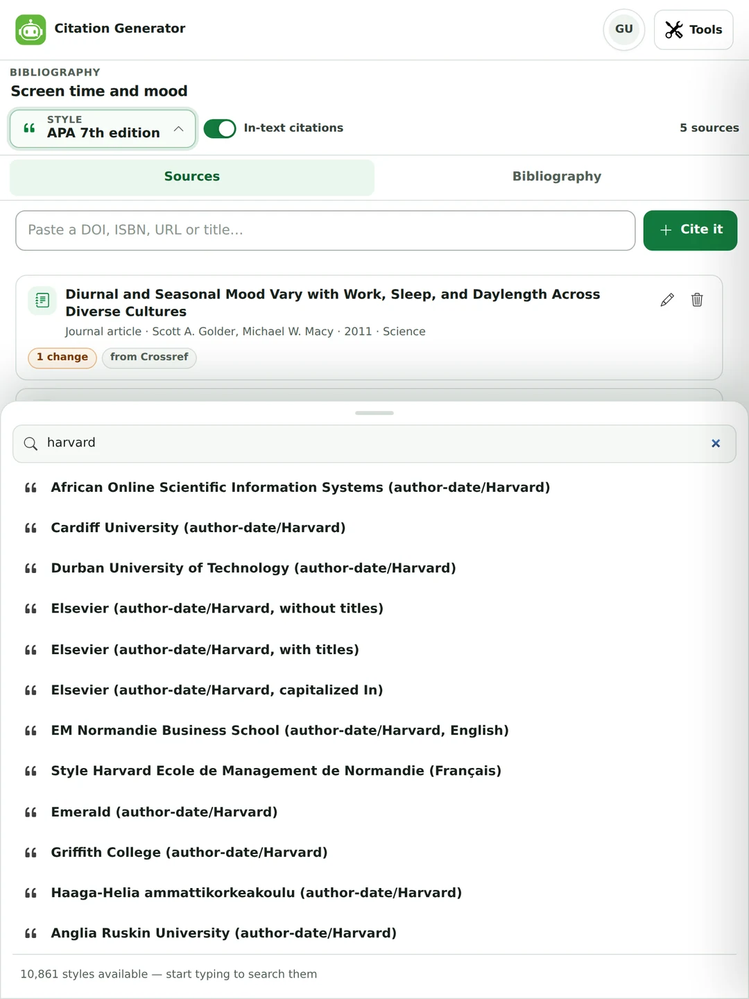The style picker open with a search box, the list of common styles, and a footer reading 10,861 styles available.