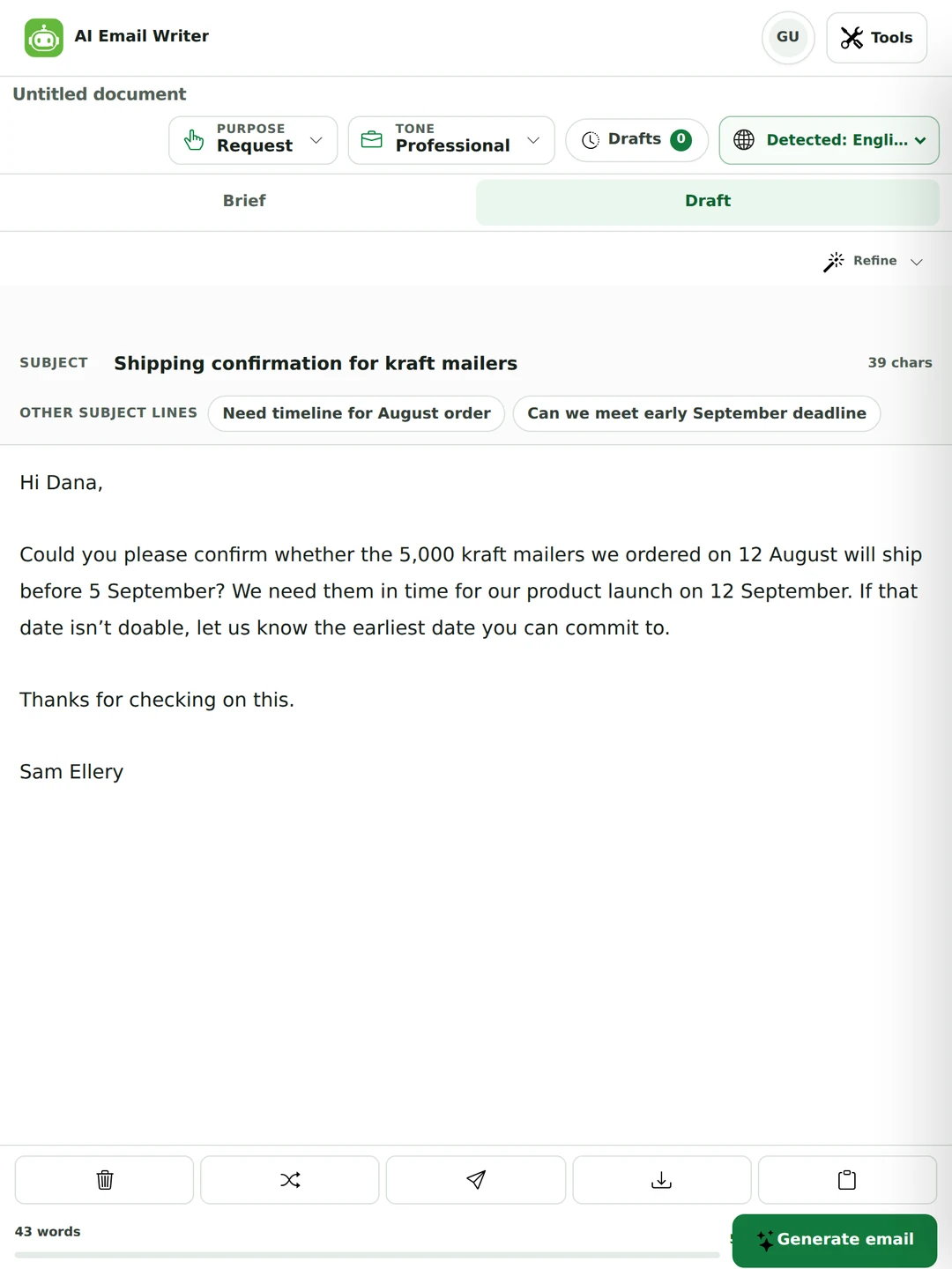 The AI email writer showing a generated subject line with a 39-character count, two alternative subject lines, and the email body asking a supplier to confirm a shipping date.