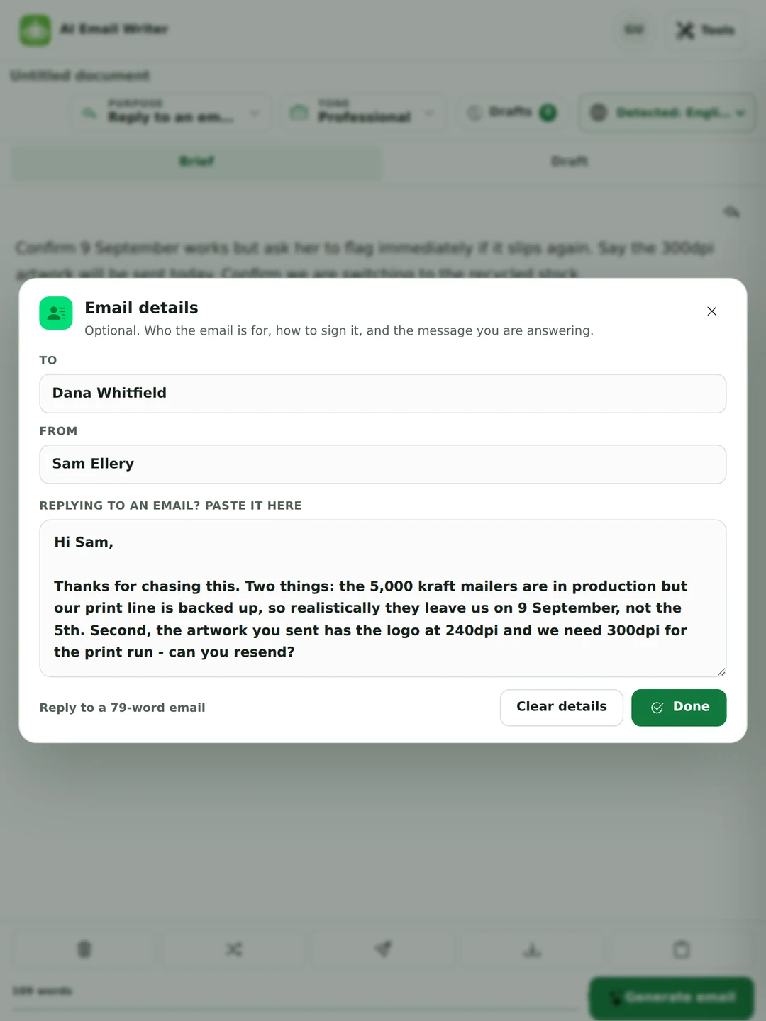 The email details panel with recipient and sender filled in and a pasted 79-word incoming email asking about a shipping date, artwork resolution and paper stock.