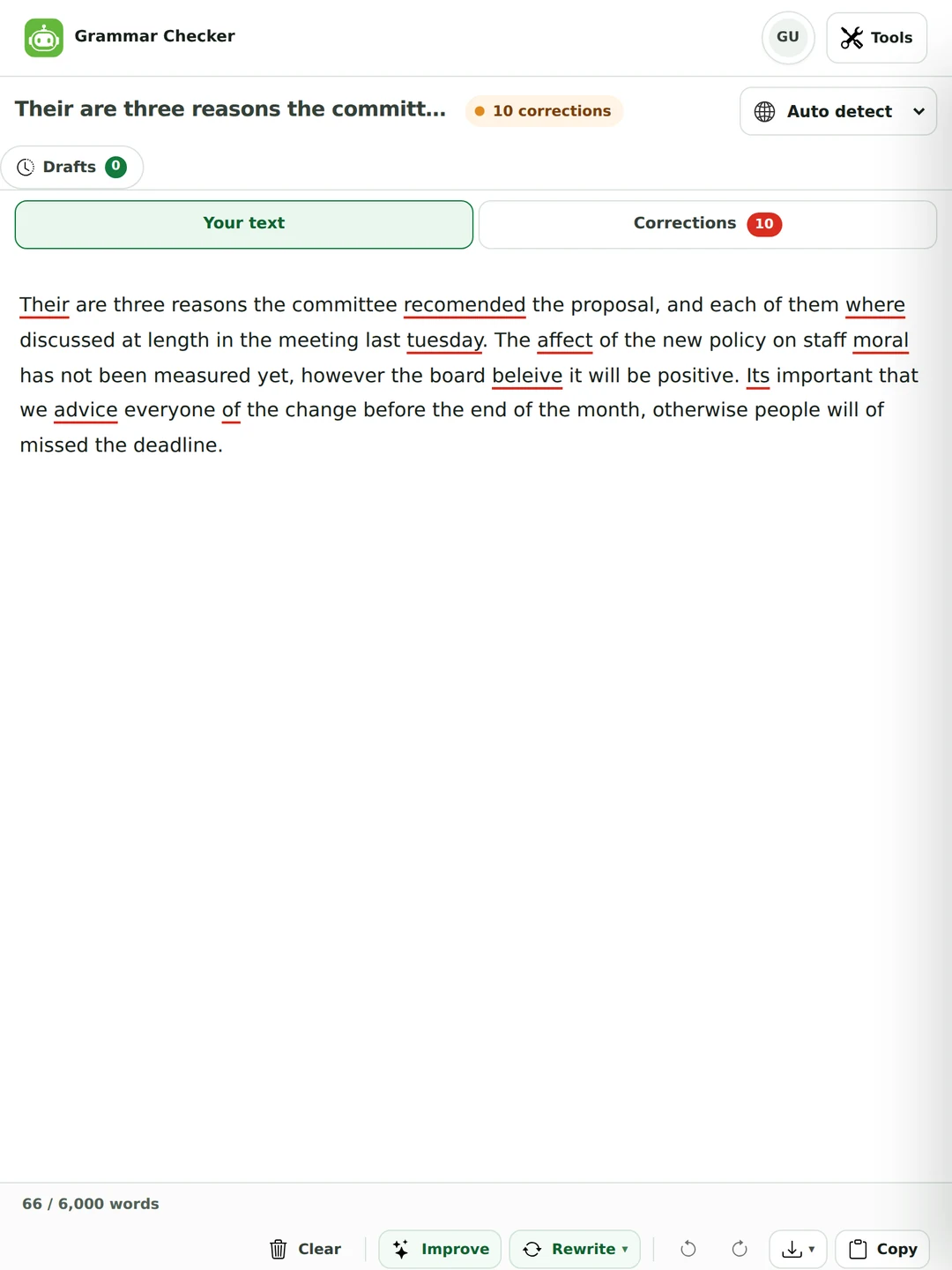 The grammar checker with a flawed paragraph, ten issues underlined in place including their, recomended, where, tuesday, affect, moral, beleive, Its and advice.