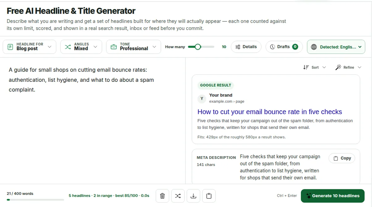 The headline generator showing a Google search result preview of the title "How to cut your email bounce rate in five checks", with a note reading that it fits at 429 pixels of the roughly 580 a result shows, and an editable meta description of 141 characters beneath it.