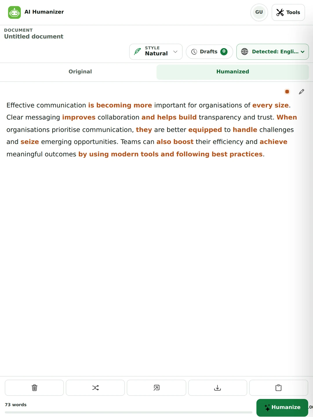 The AI humanizer showing a rewritten paragraph with every changed word highlighted and a naturalness score of 76 out of 100, best of three drafts.