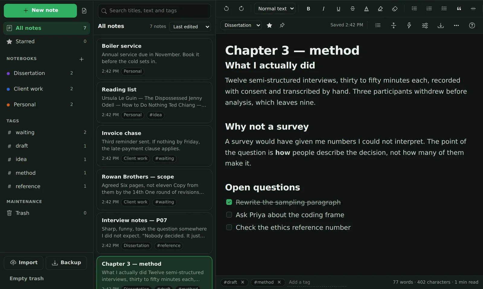 The same Notebook workspace in dark mode, with the sidebar, note list and open note all on a dark background and the green accent unchanged.