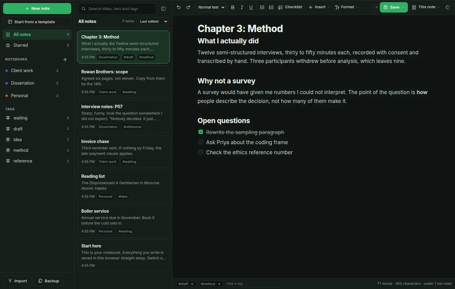 The same notepad in dark mode, with the sidebar, note list and open note on a dark background.