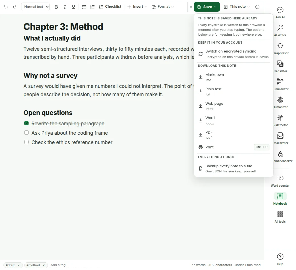 The Save menu open over a note, listing encrypted syncing, Markdown, Plain text, Web page, Word, PDF, Print and Backup every note to a file.