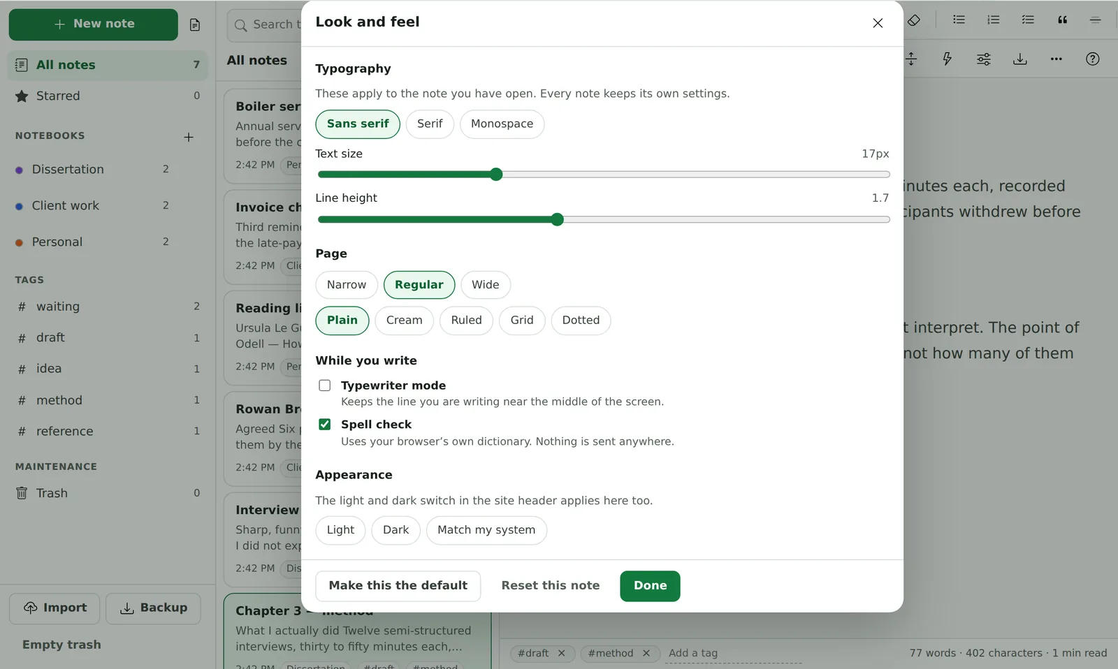 The Look and feel dialogue showing font choices, a text size slider at 17px, a line height slider at 1.7, page width and paper style options, and toggles for typewriter mode and spell check.