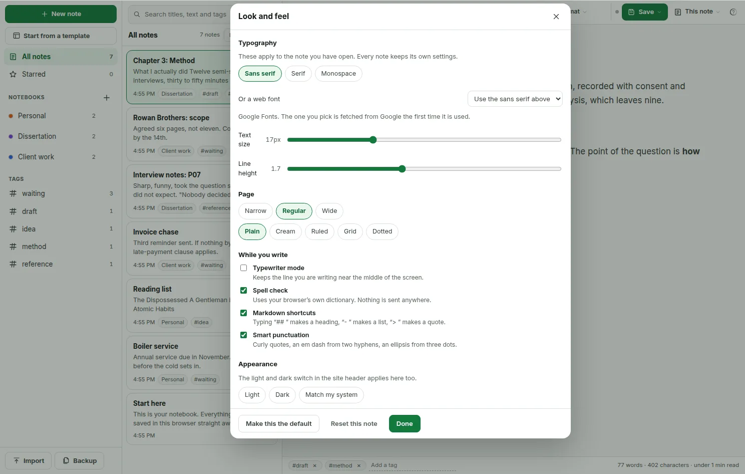 The Look and feel window over an open note, with font choices, sliders for text size and line height, page width and paper options, and switches for typewriter mode and spell check.
