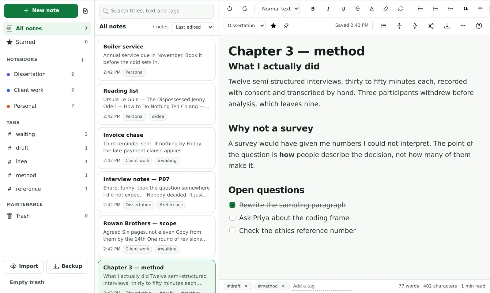 The Notebook workspace: notebooks and tags in the left column with counts, a list of six notes in the middle, and a note titled Chapter 3 &mdash; method open in the editor with headings and a checklist.