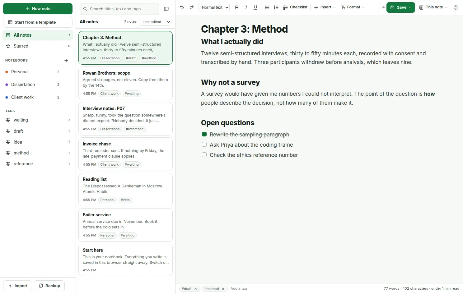 The online notepad with three notebooks and five tags in the left column, seven notes in the middle, and a note called Chapter 3: Method open on the right with headings and a checklist.