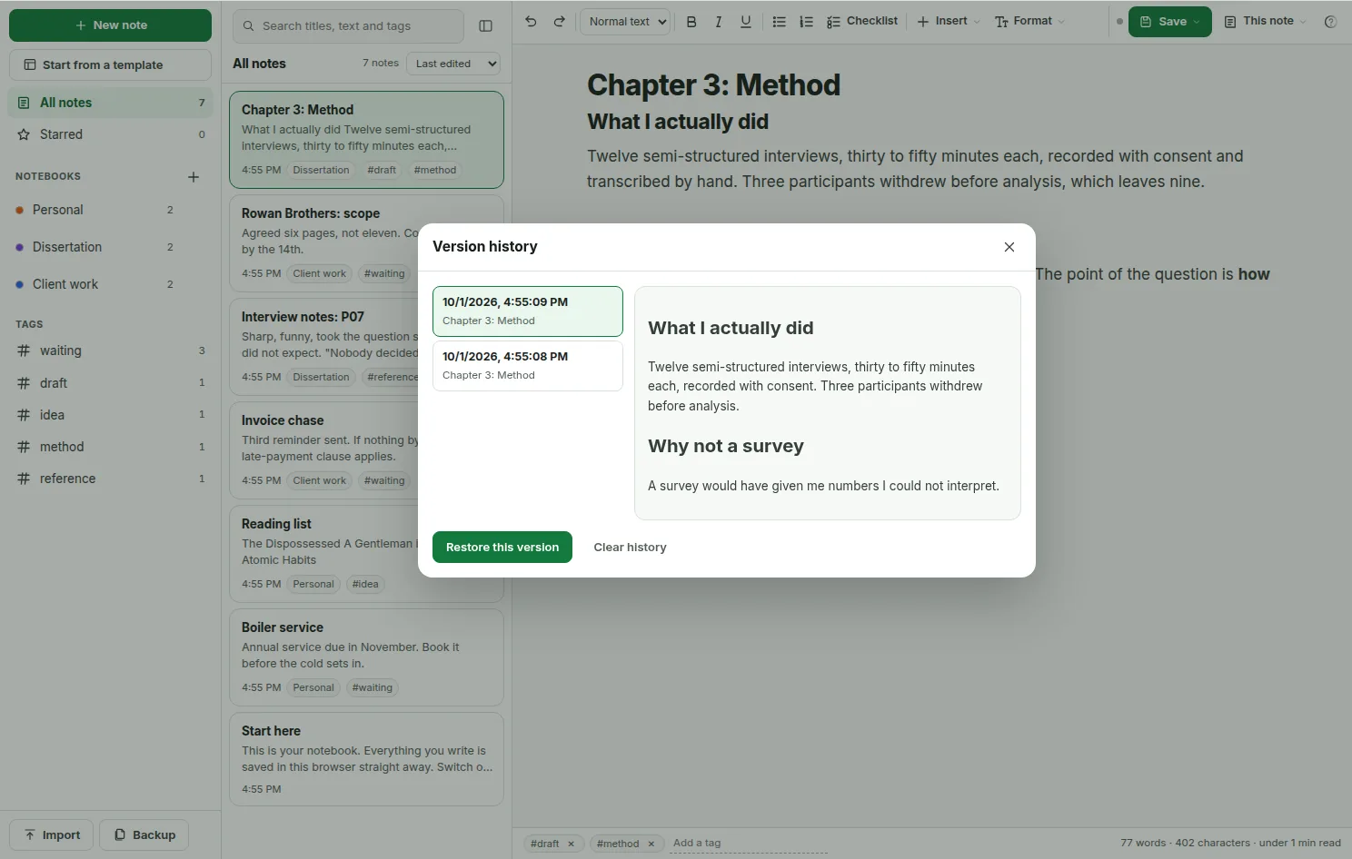 The Version history window listing two saved copies of a note with their times, the selected copy shown in full, and buttons to restore it or clear the history.