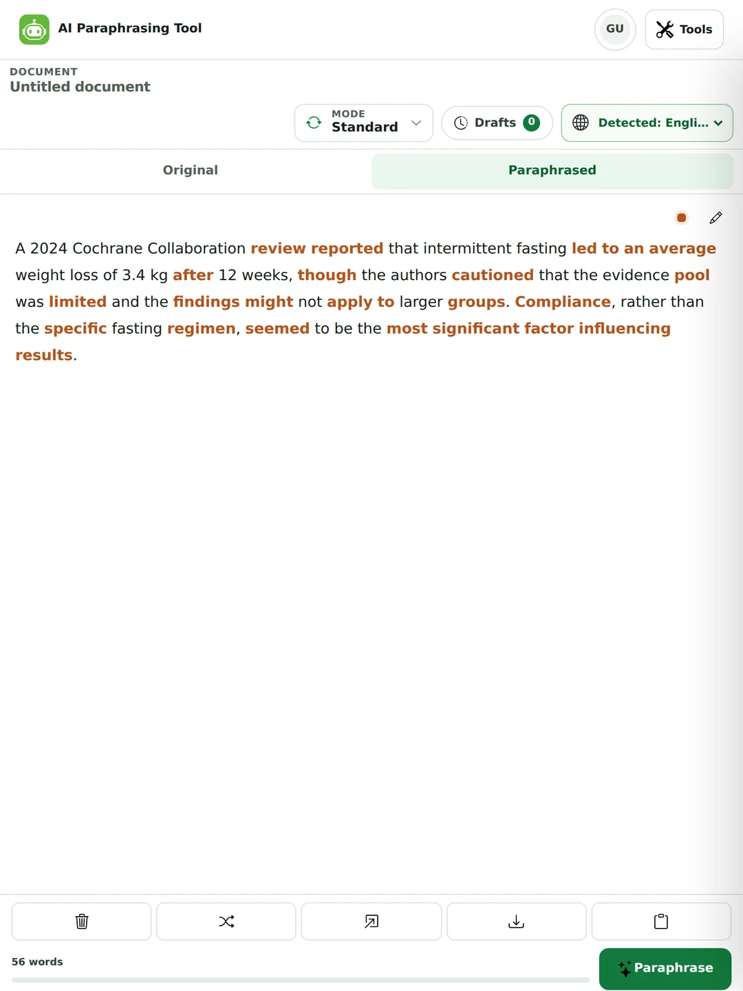 The AI paraphrasing tool showing a rewritten research passage with every changed word highlighted, while the year, the organisation name, 3.4 kg and 12 weeks remain unchanged.