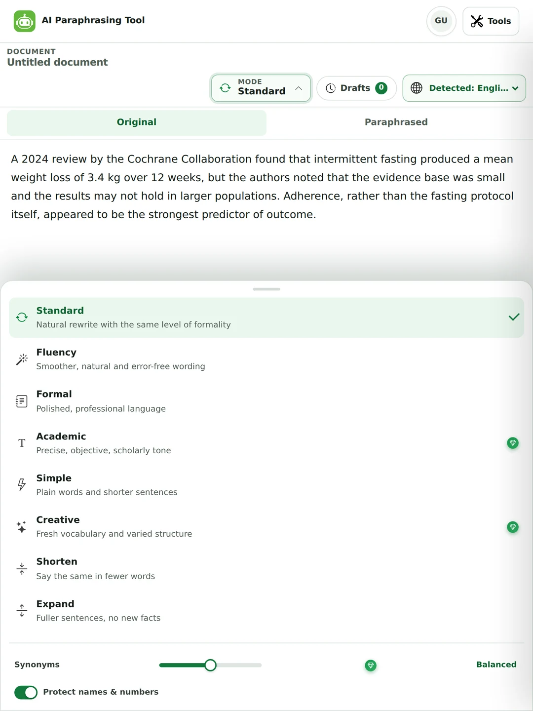 The mode menu of the AI paraphrasing tool listing Standard, Fluency, Formal, Academic, Simple, Creative, Shorten and Expand, with the synonyms slider and the Protect names and numbers switch below it.