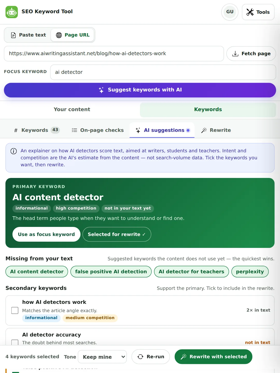 The AI suggestions tab: a primary keyword card, a row of keywords missing from the text, and secondary keywords with intent and competition badges and checkboxes for the rewrite.