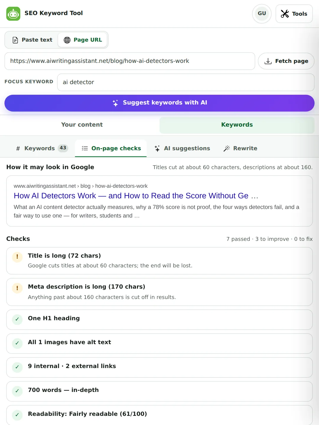 The On-page checks tab: a Google-style snippet preview of a fetched page, followed by a list of passed and failed checks for title, meta description, H1, images and links.