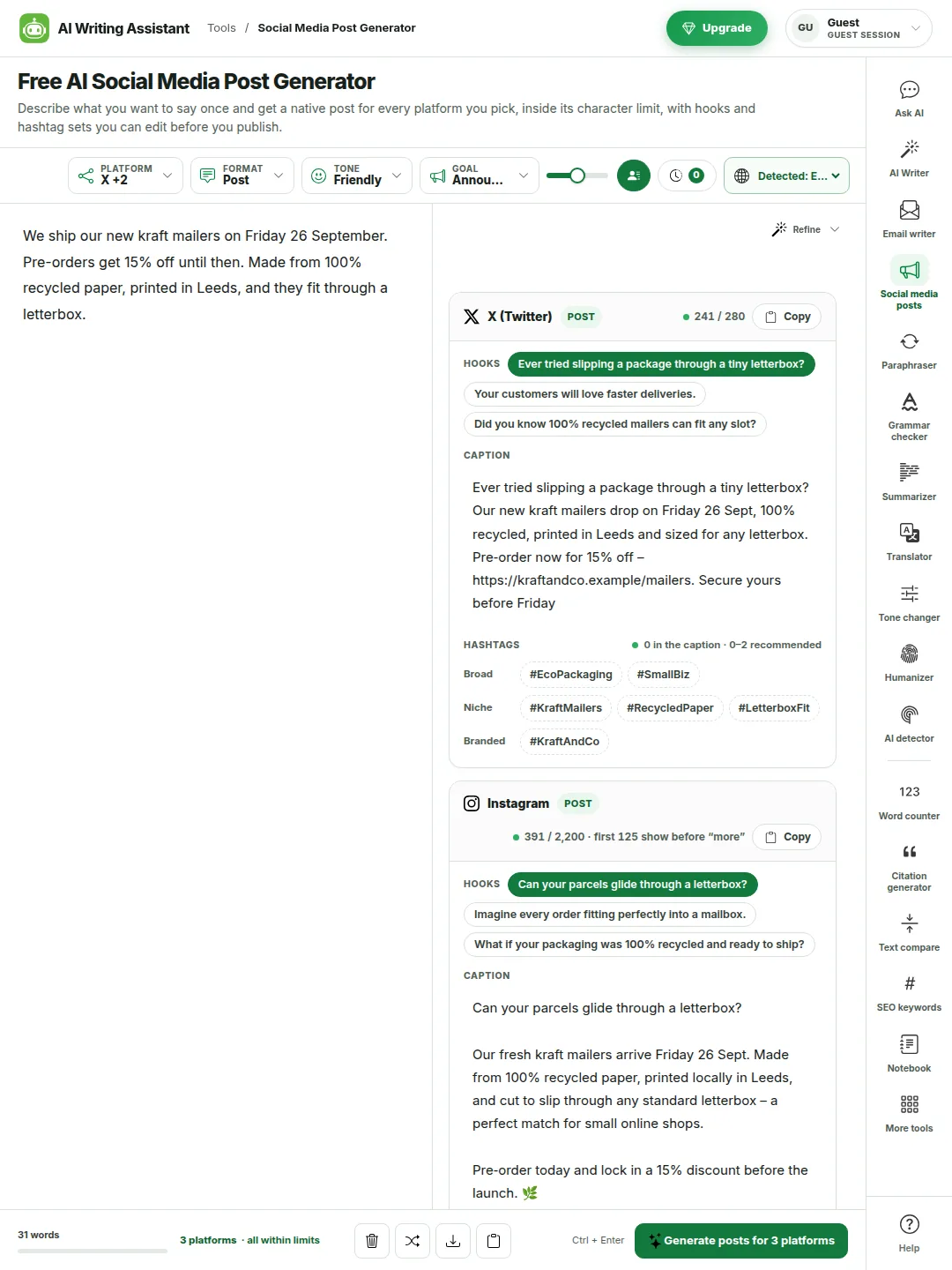 The social media post generator with one brief on the left and, on the right, an X post counted at 241 of 280 characters and an Instagram caption at 391 of 2,200, each with three hook buttons and broad, niche and branded hashtag chips.