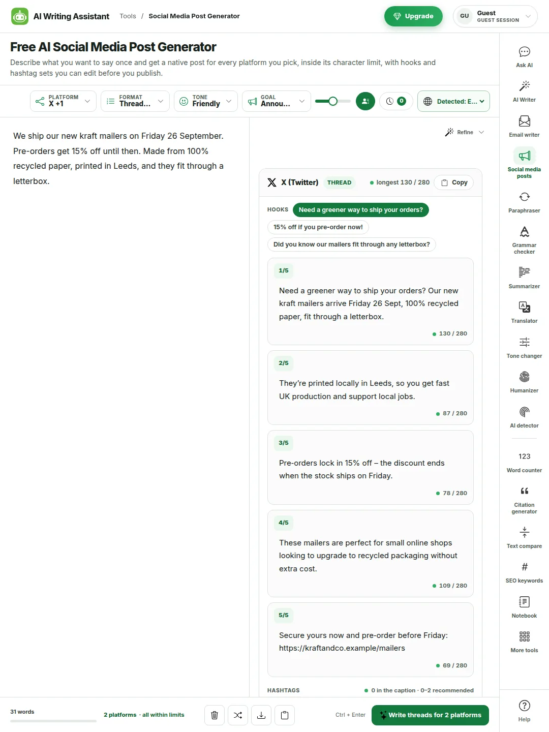 The same brief written as an X thread: five numbered posts, each with its own character count under 280, three hook buttons above them and the hashtag sets below.