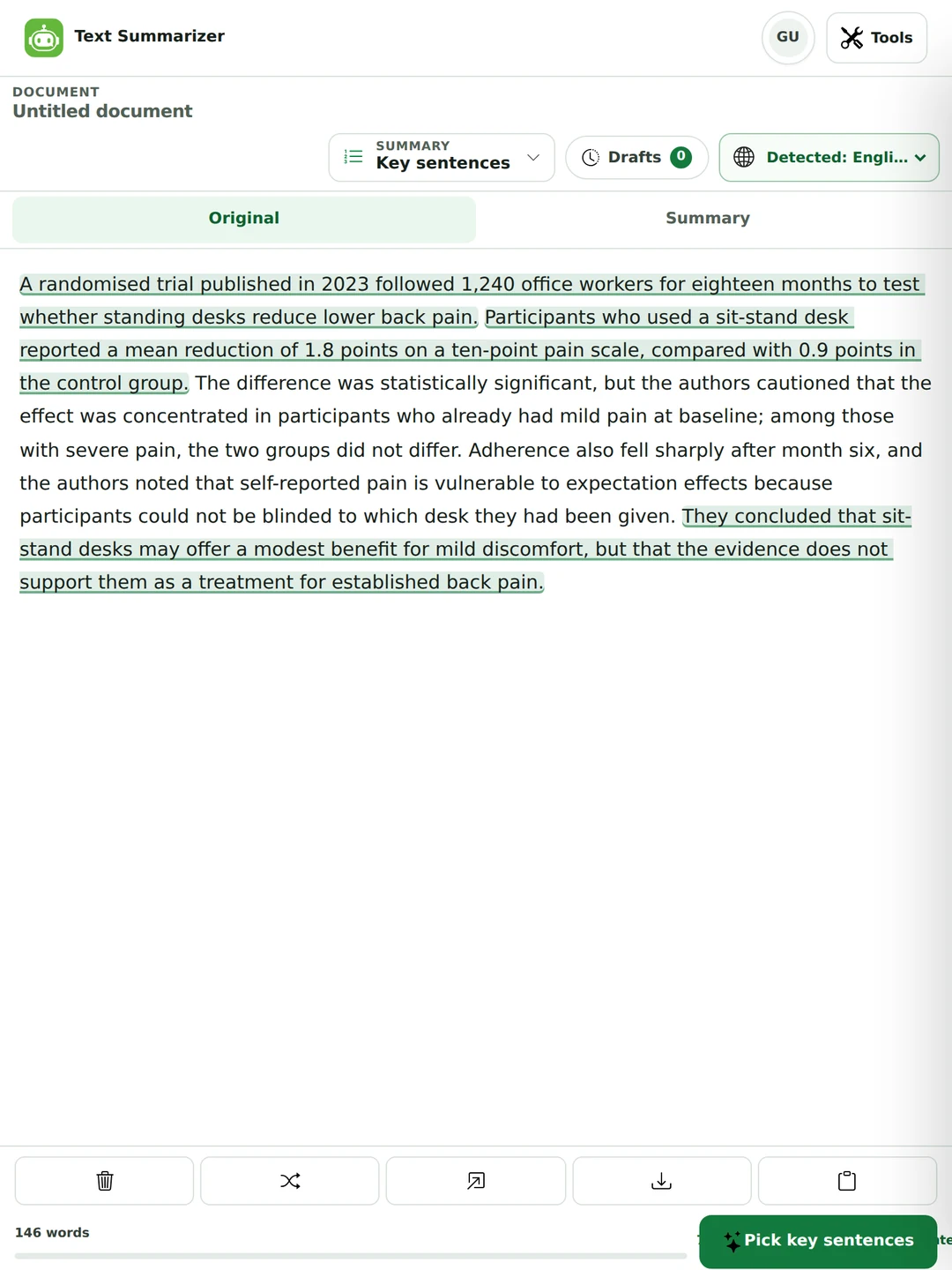 The text summarizer in Key sentences mode, with three chosen sentences highlighted inside the original passage about a standing desk trial and the remaining caveat sentences left unhighlighted.