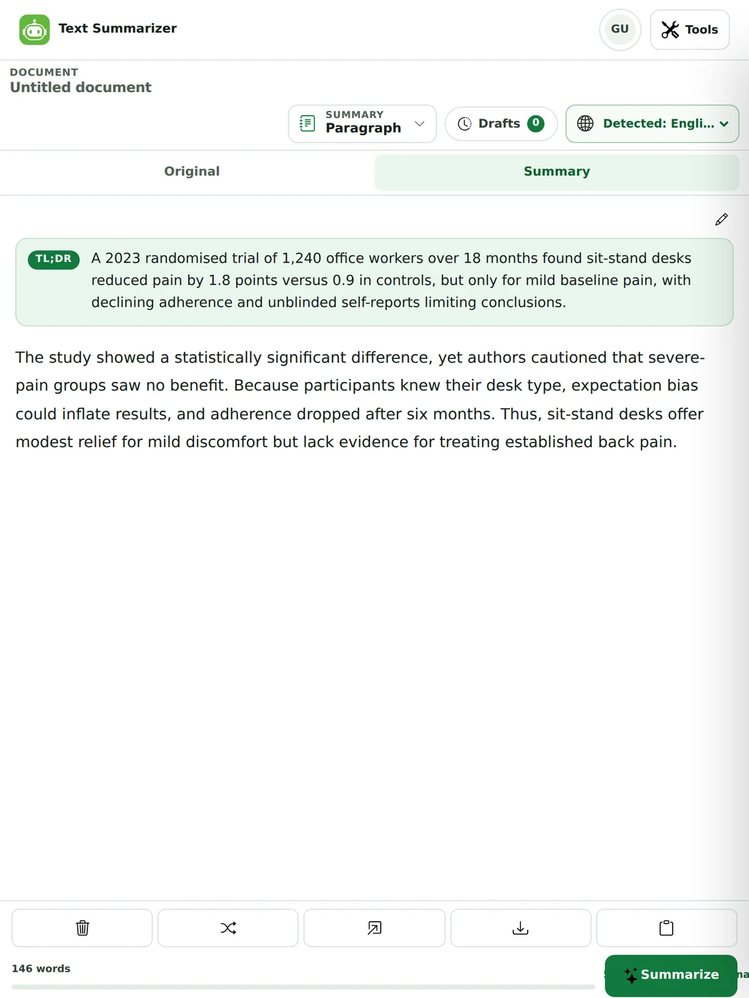 The summarizer showing a paragraph summary with a one-line TL;DR above it and a counter reading 52 words, 36 percent of the original.