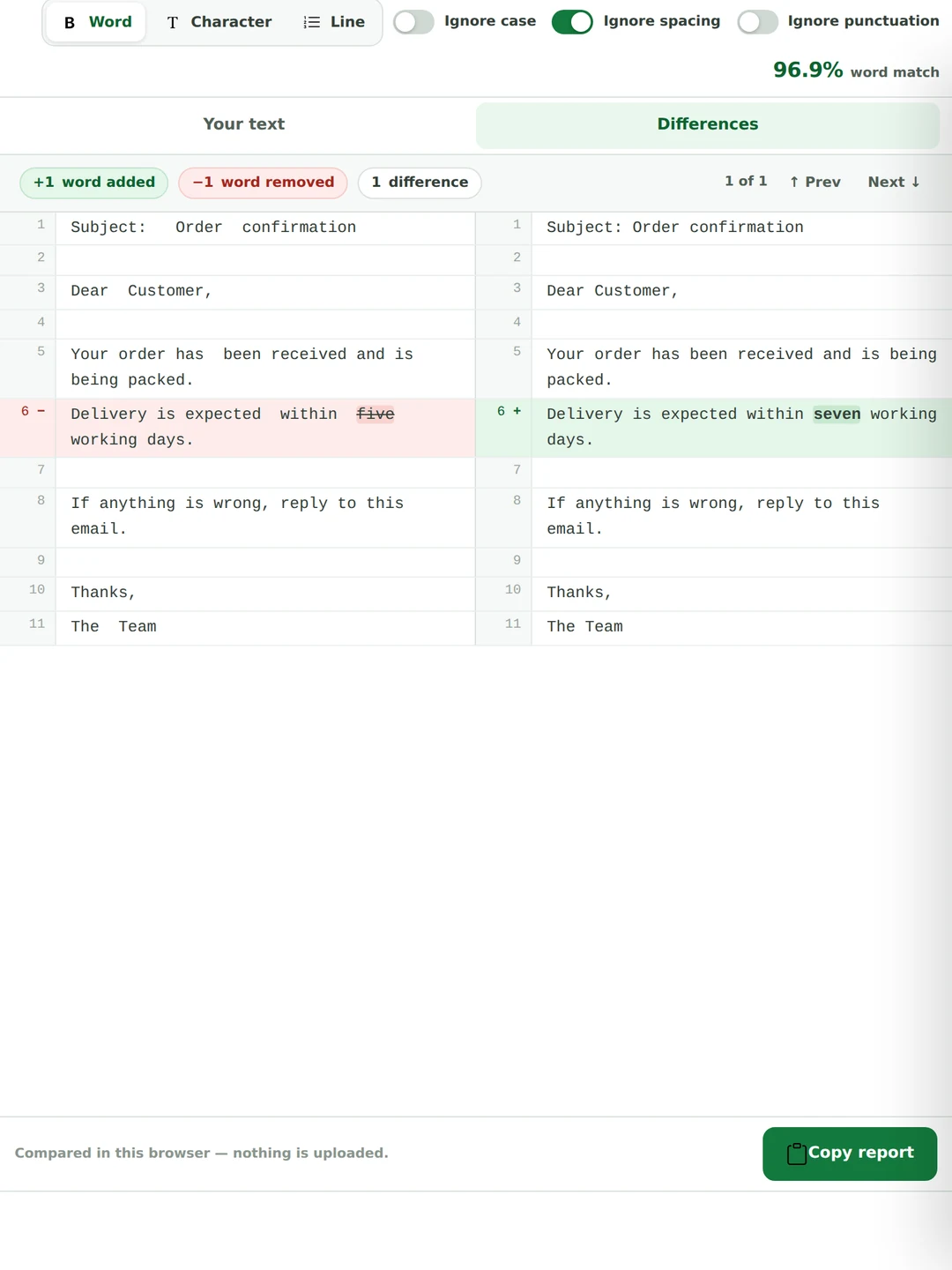 The comparison controls with ignore case and ignore spacing switched on, and the difference count dropping as a result.