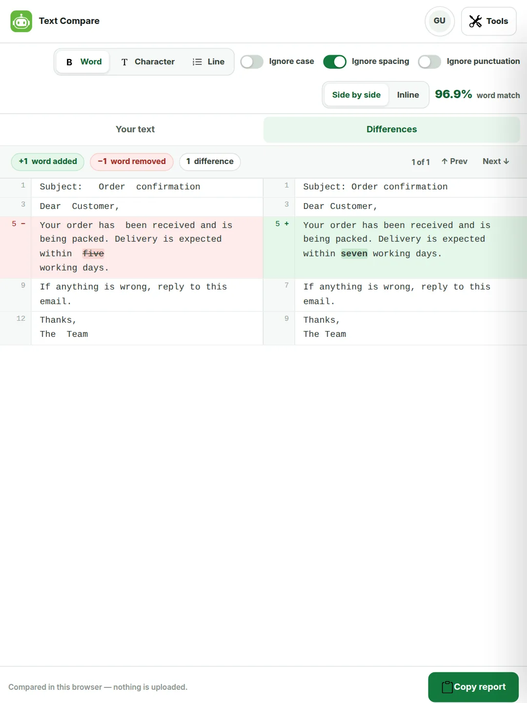 An order email compared with Ignore spacing on: the re-wrapped paragraph matches and the only difference marked is five changed to seven.