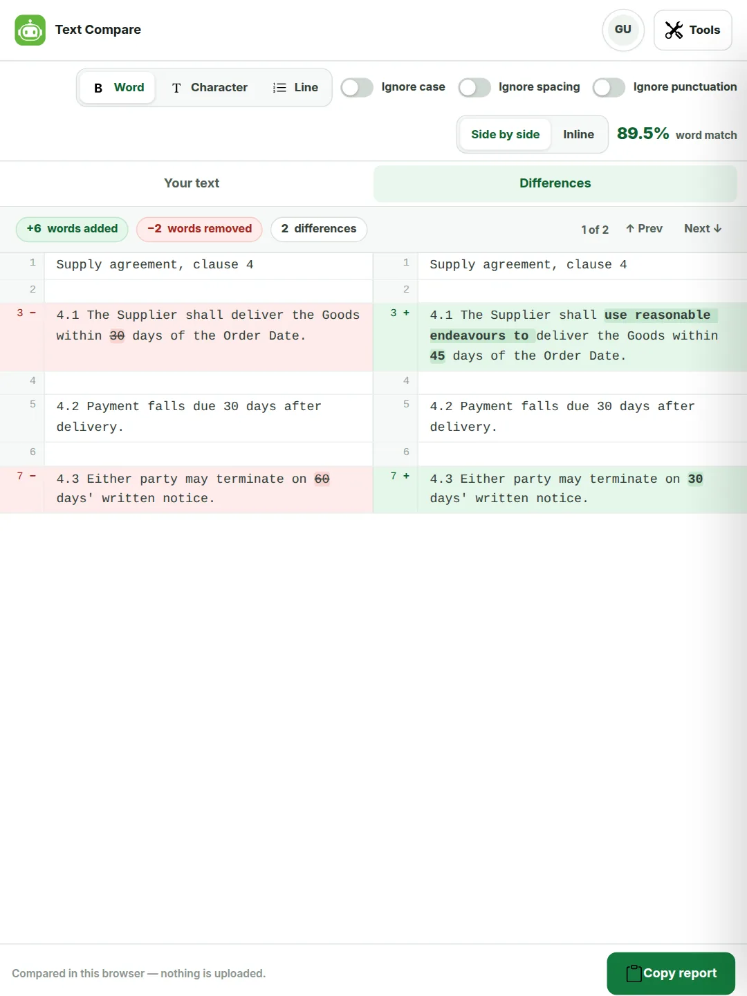 Two versions of a contract clause side by side, with 30 and 60 struck through on the left and 45, 30 and the phrase use reasonable endeavours to highlighted on the right.