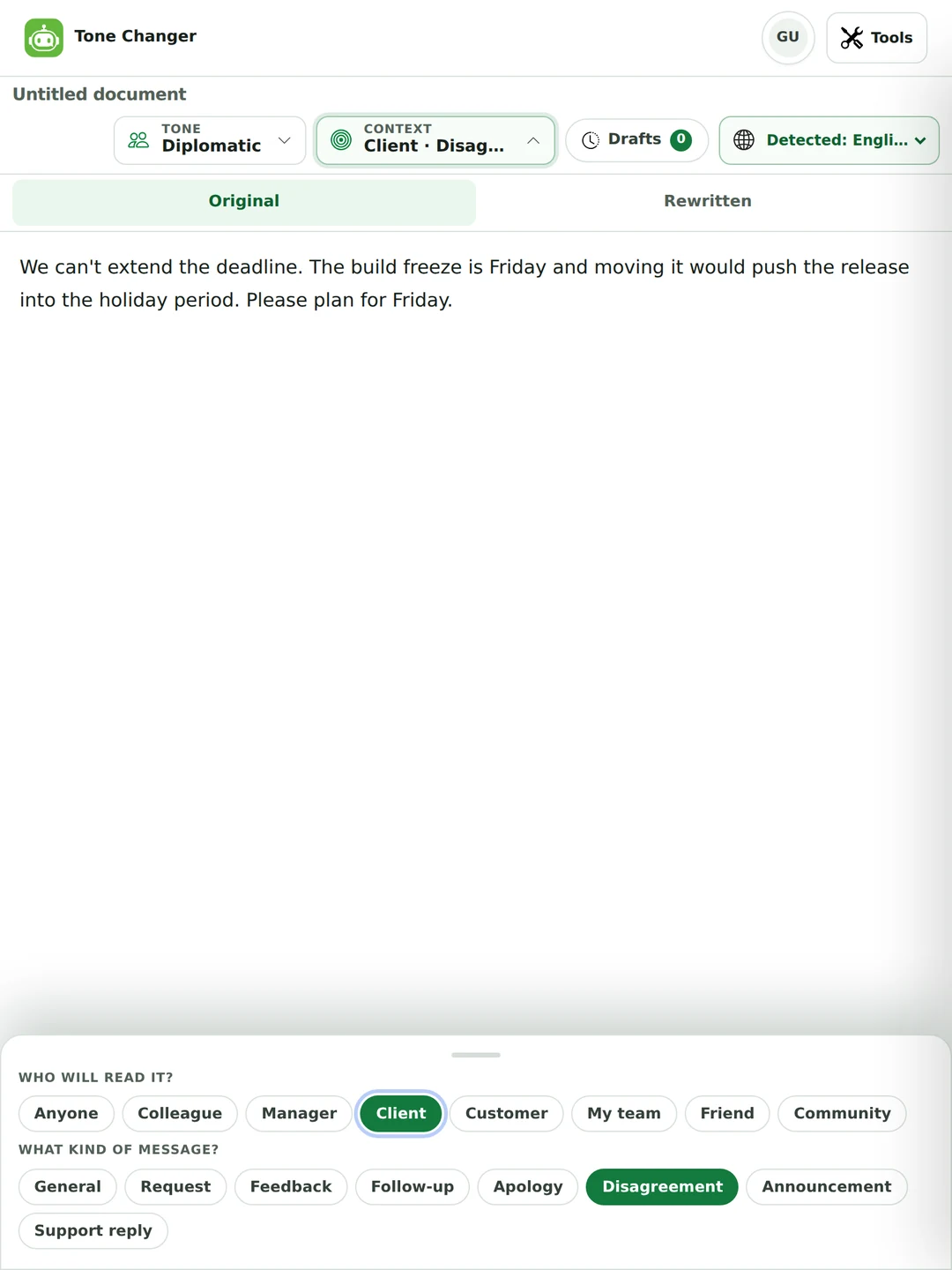 The context panel open, showing eight audience chips including Colleague, Manager, Client and Customer, and eight situation chips including Apology, Disagreement and Support reply.