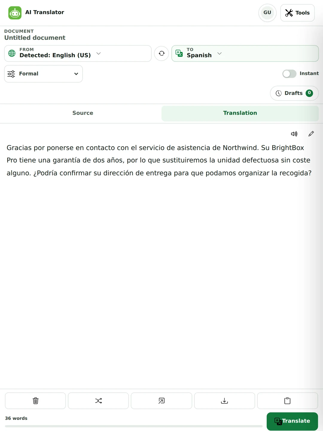 The AI translator set to Formal, showing an English support message translated into Spanish using usted forms, with the brand names Northwind and BrightBox Pro left untranslated.