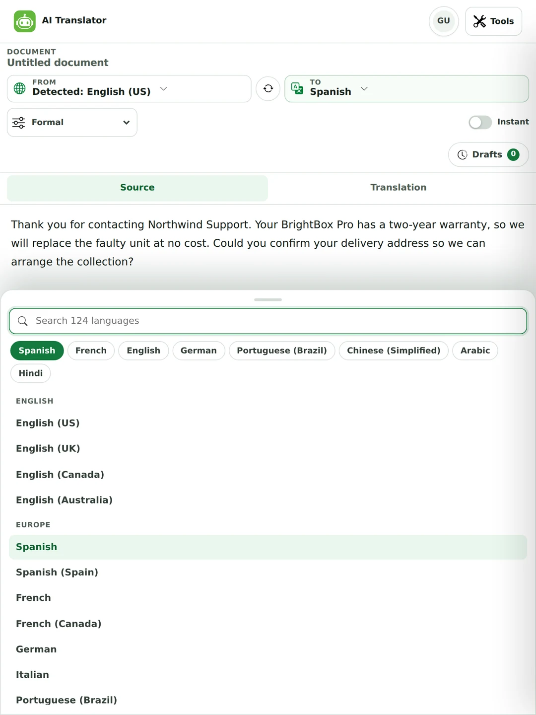 The language picker open, showing a search box reading Search 124 languages, quick picks, and regional variants including English US, UK, Canada and Australia and both Spanish variants.