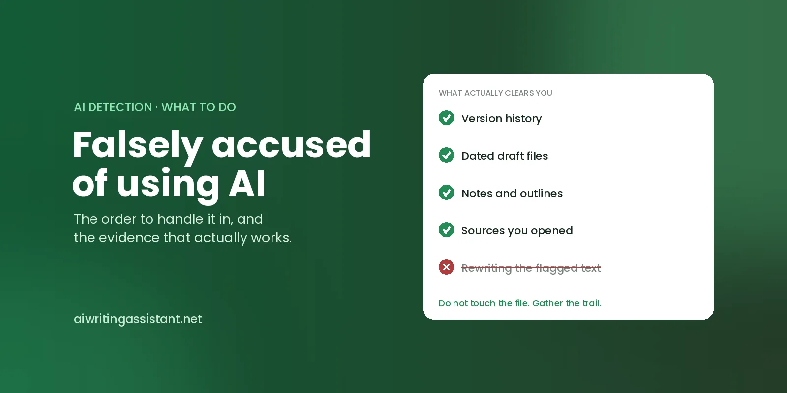 A checklist of what clears you of an AI accusation: version history, dated draft files, notes and outlines, and sources you opened. Rewriting the flagged text is crossed out.