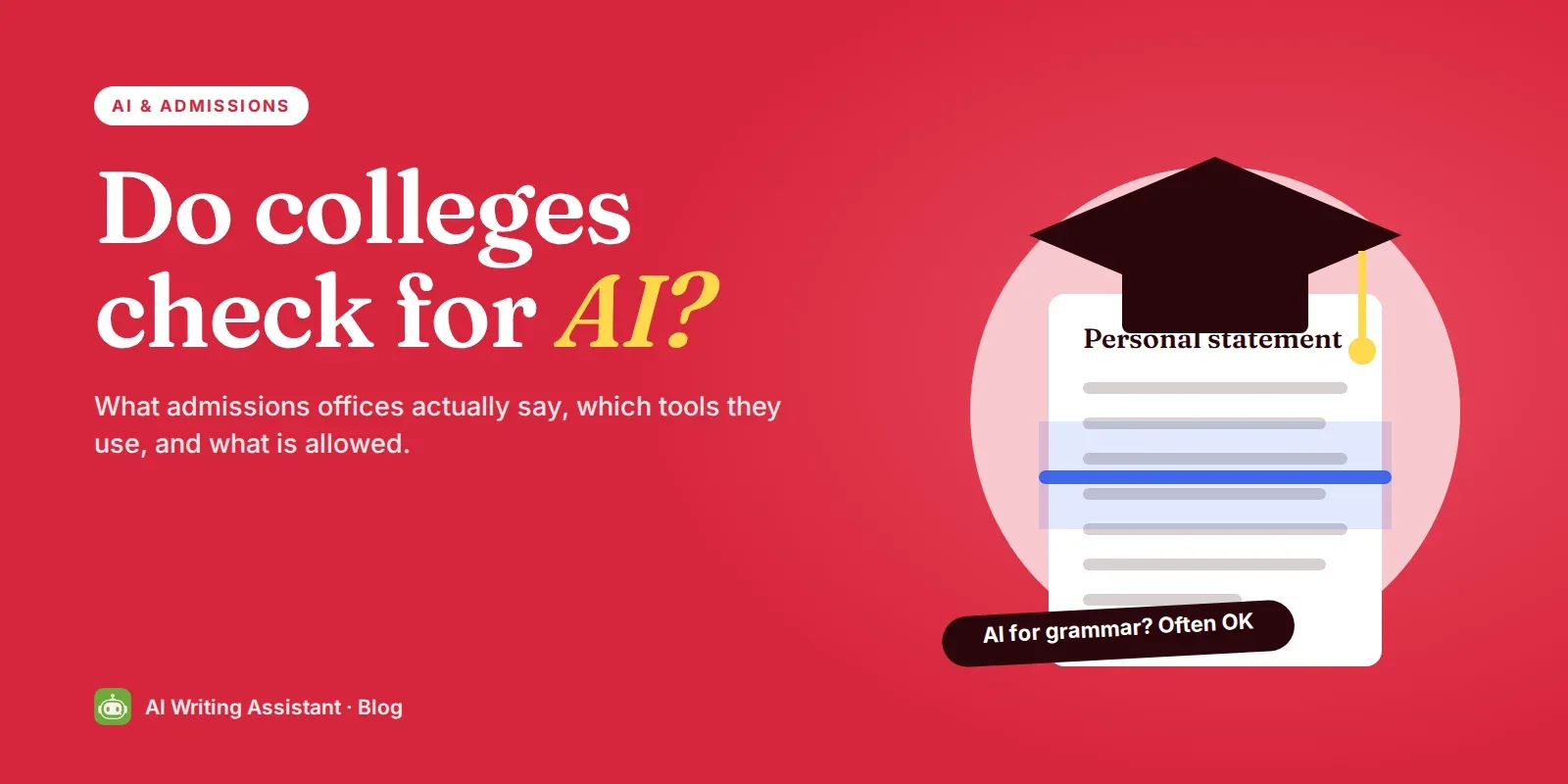 Cover: Do colleges check for AI? A graduation cap above a personal statement being scanned.
