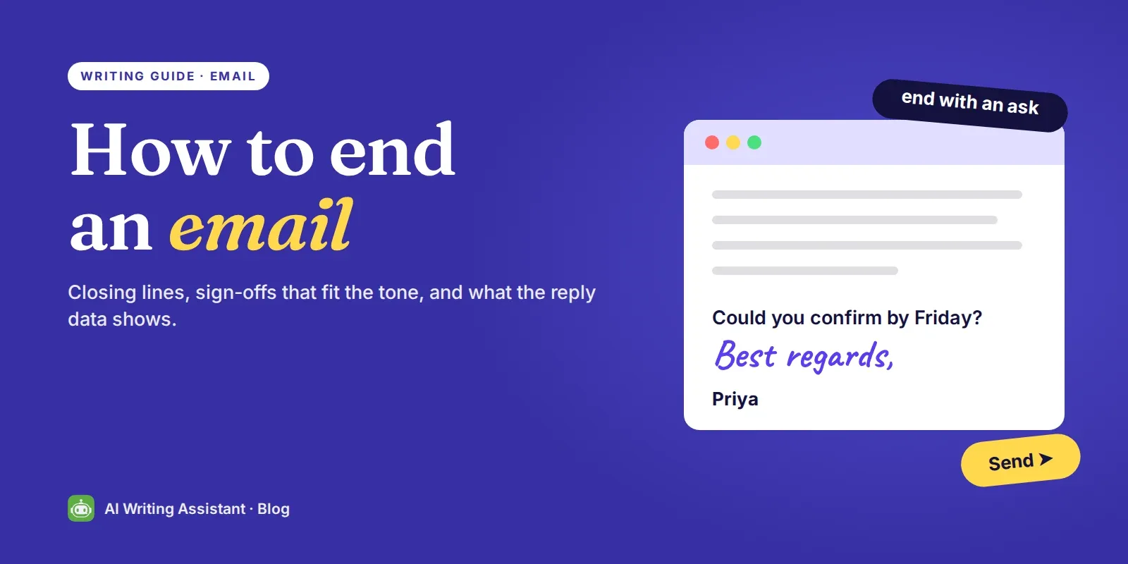 Cover: How to end an email, with an email window ending in a closing question, Best regards and a Send button.