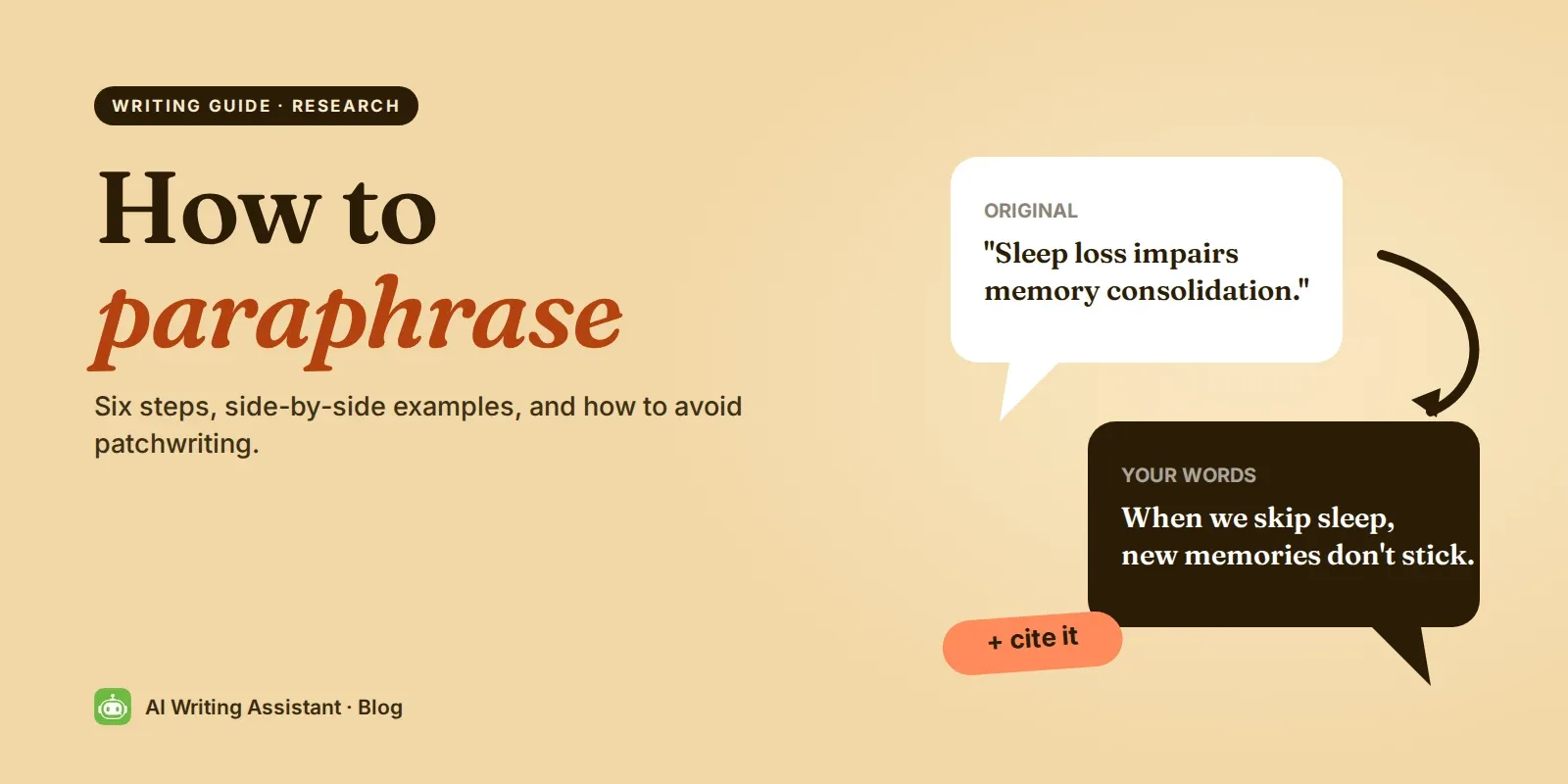 Cover: How to paraphrase, with an original sentence and a reworded version in two speech bubbles.