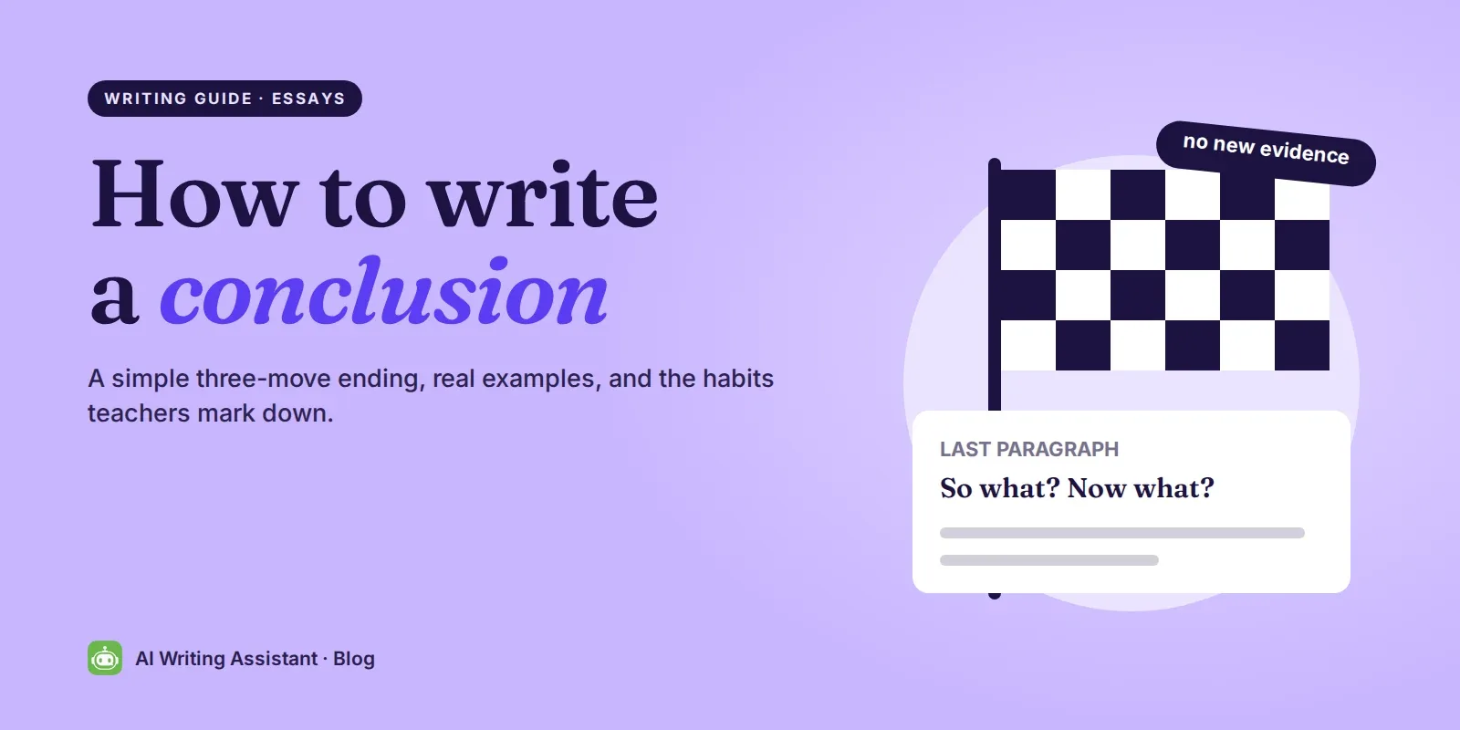 Cover: How to write a conclusion, with a checkered finish flag and a last-paragraph card.