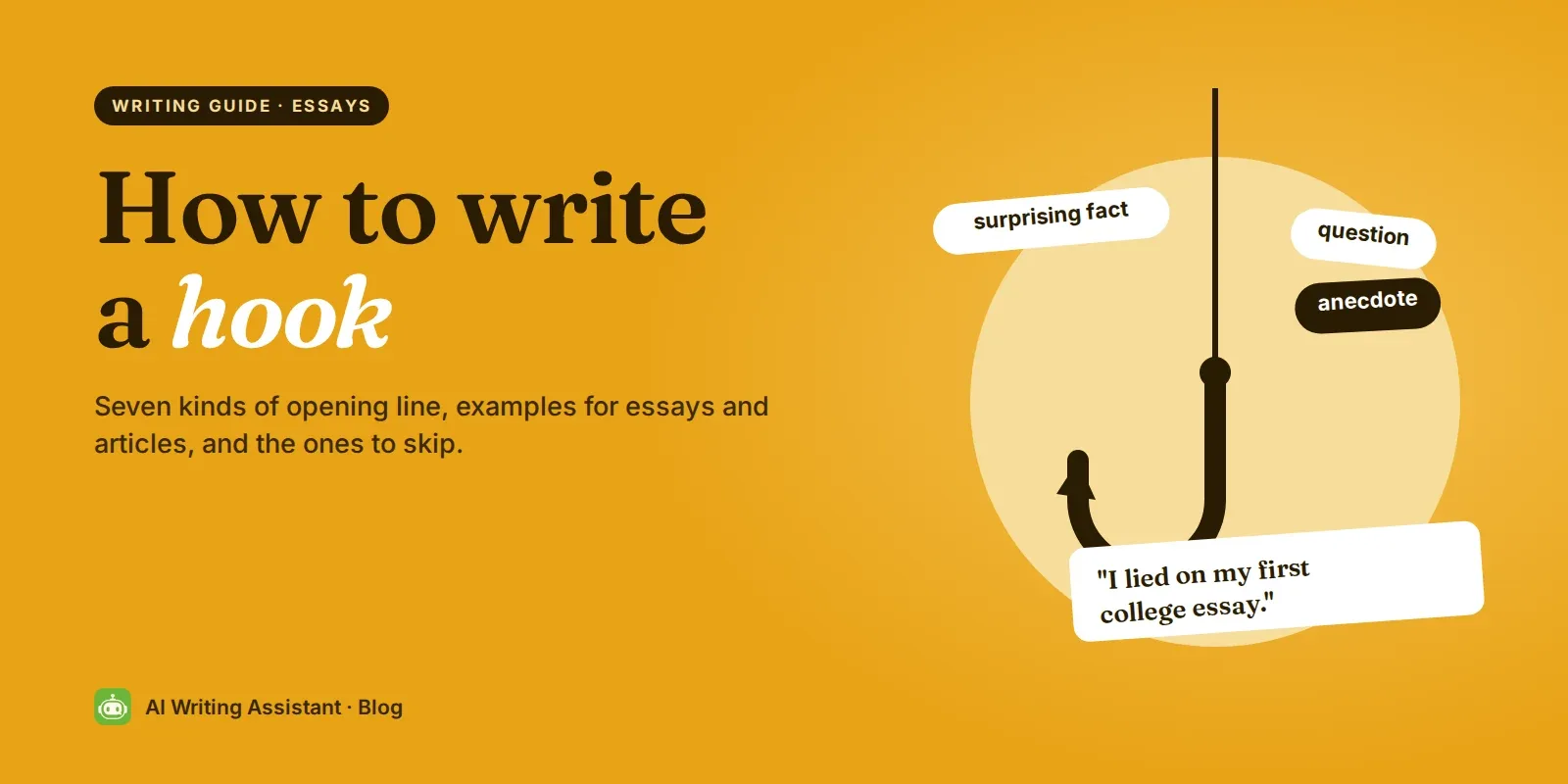 Cover: How to write a hook, with a fishing hook holding an opening line.