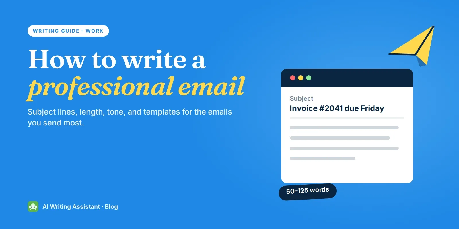 Cover: How to write a professional email, with an email window and a paper plane.