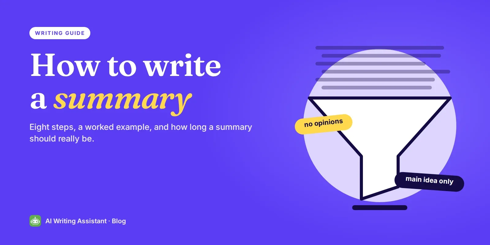 Cover: How to write a summary, with lines of text going into a funnel and one line coming out.
