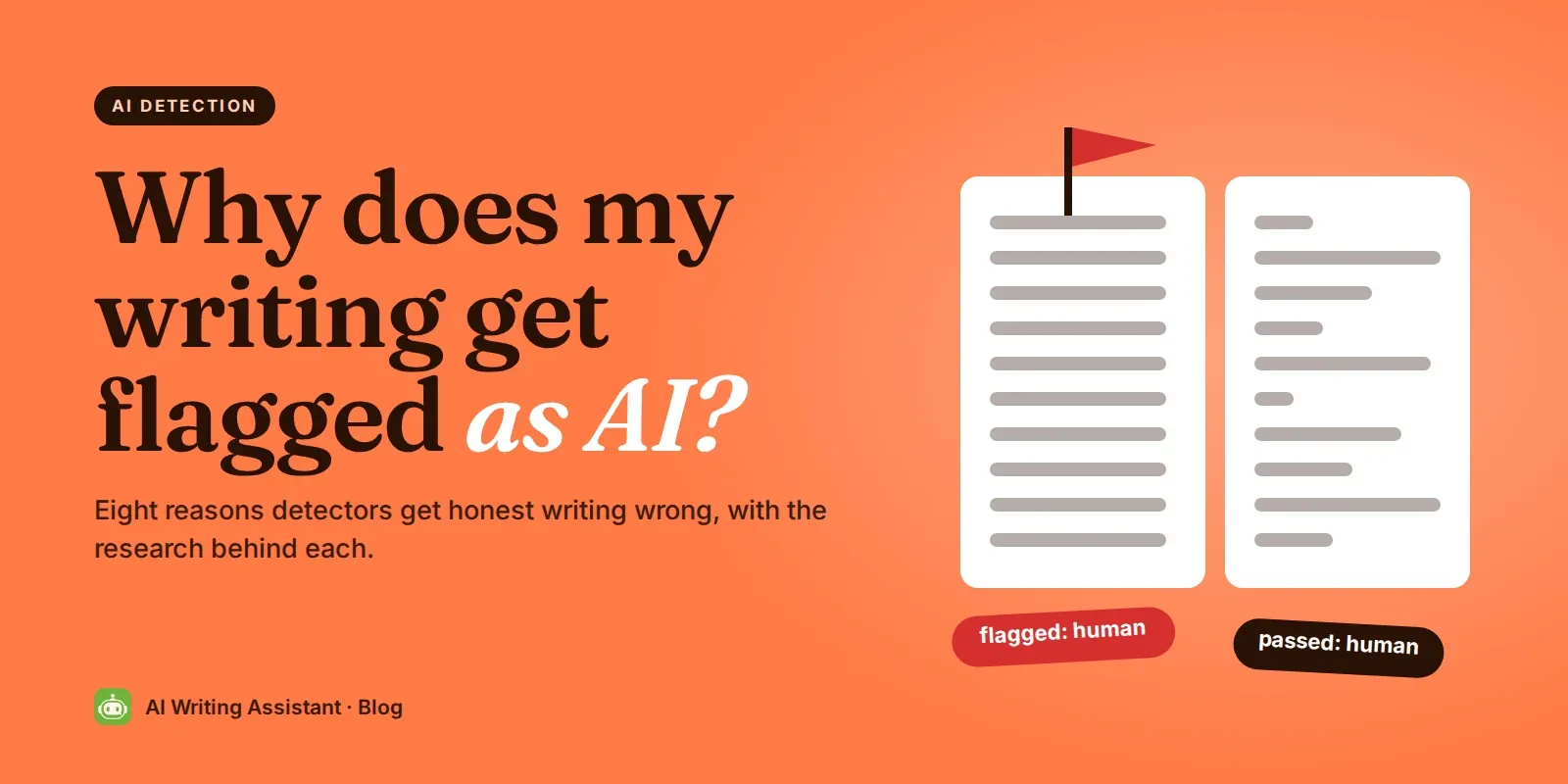 Cover: Why does my writing get flagged as AI? Two human-written pages, the evenly paced one flagged.