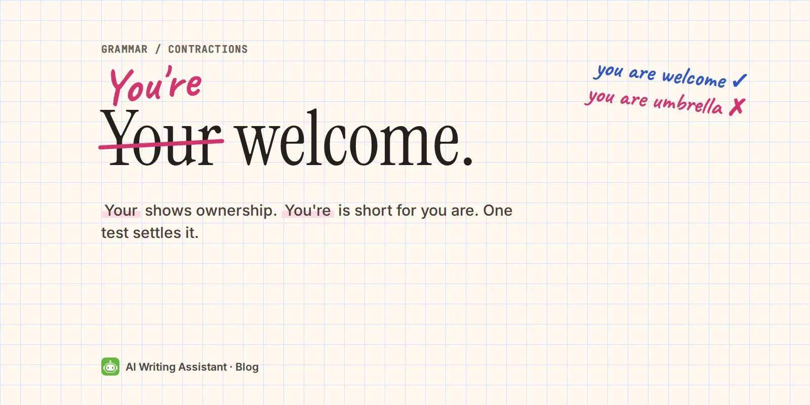 Cover: Your welcome, with "Your" crossed out and "You're" written above in pink pen, on grid paper.