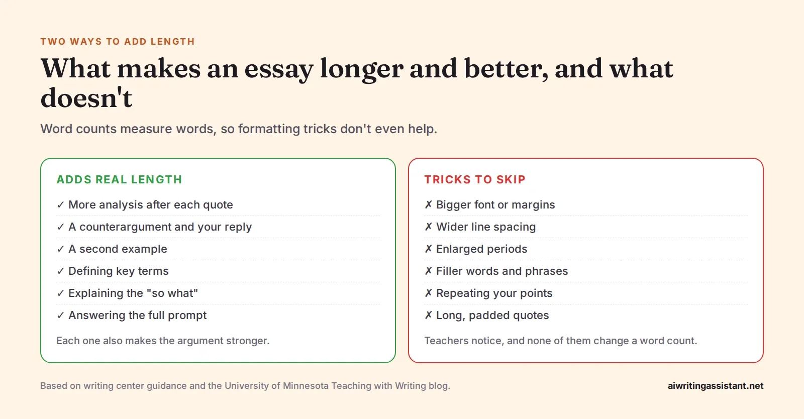 Two lists. Adds real length: more analysis after each quote, a counterargument, a second example, defining key terms, explaining the so what, and answering the full prompt. Tricks to skip: bigger font
